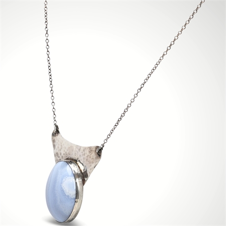 Blue Lace Agate on Hammered Silver Necklace