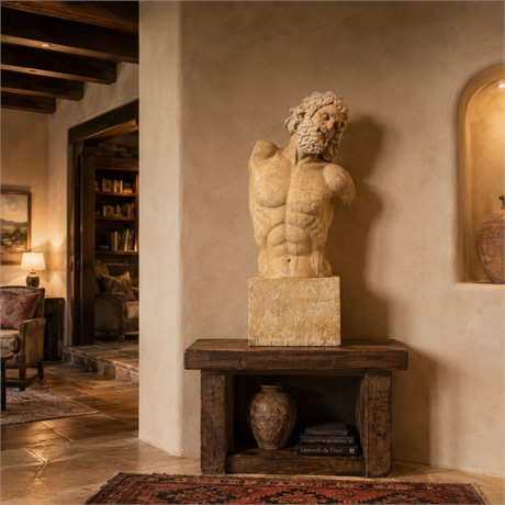 Italian Carved Yellow Marble Hercules Torso on Integral Plinth —Grand Tour Style