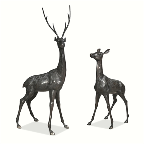 Bronze Deer Sculptures, Pair — Large Stag & Doe, Dark Patina, Garden
