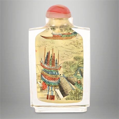 Reverse-Painted Chinese Glass Snuff Bottle – Market & Harbor Scene