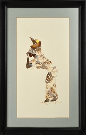 African Butterfly Wing Collage of Woman – Framed Folk Art, 17"x11"