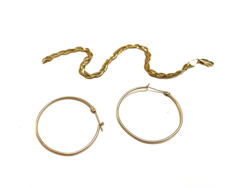 14 K Gold Hoops and Bracelet