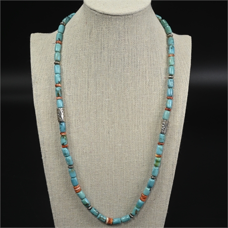 Turquoise Spiny Oyster and Sterling Necklace