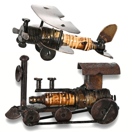 Spark Plug Folk Art Pair — Locomotive & Biplane