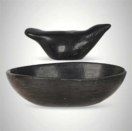 Santa Clara Pueblo Blackware Bird Form Money Bank & Matching Bowl