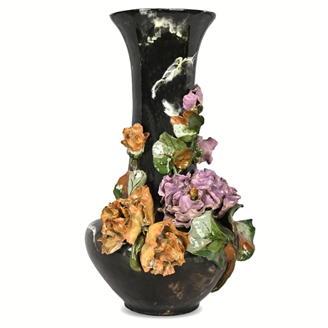 19.5" Impressive Italian Majolica-Style Art Nouveau Vase — Floral Relief