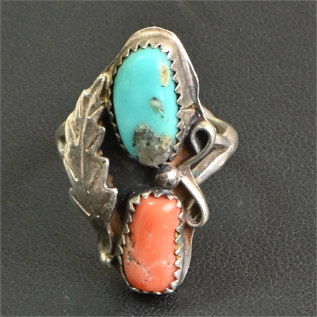 Sterling Turquoise and Peach Coral Ring Size 6