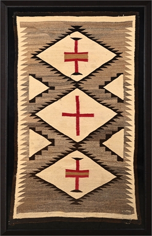 Navajo Transitional Handwoven Rug — Red Cross Diamond Motifs, 60" x 34", Framed