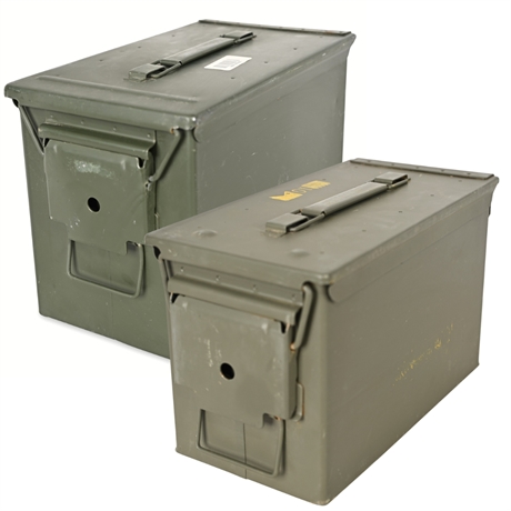 Pair of U.S. Military M2A1 Ammo Cans – 5.56mm Marked, Steel Storage Boxes