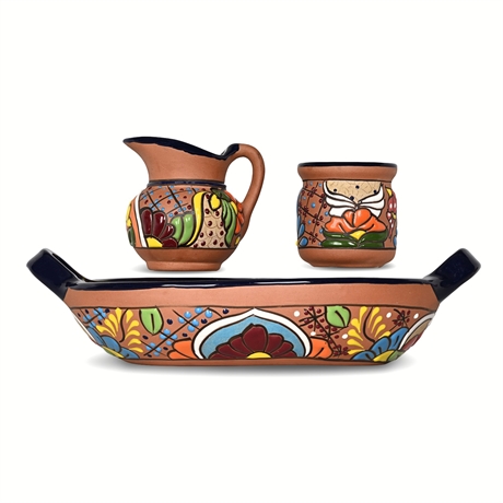 Hand-Painted Mexican Talavera Pottery Set — Oval Server, Pitcher & Cup