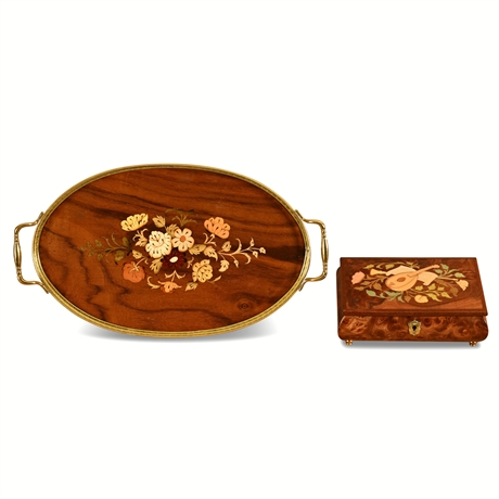 Notturno Intarsio Sorrento Marquetry Music Box & Tray — Burl, Brass