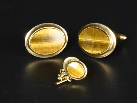 Vintage Gold Filled Tigers Eye Cufflink & Tie Pin Set