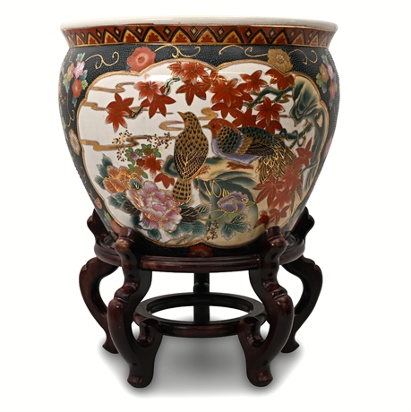 Hand-Painted Japanese Fish Bowl Jardinière — Birds & Florals, w/ Stand