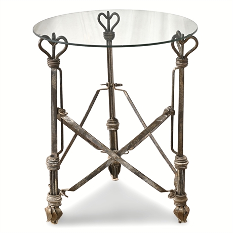 Mid-Century Foldable Forged Iron Table Base with Glass Top — Heart Scrolls, 23.5