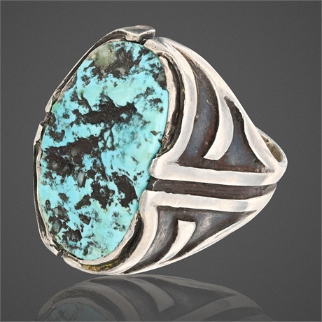 Navajo Sterling Silver Ring w/ 2" Natural Turquoise Stone – Size 9.5