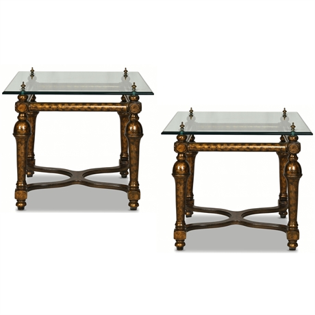 Pair of Hollywood Regency Glass Top End Tables