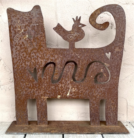 Rusted Metal Cat With Bird Sculpture