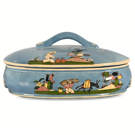 Tlaquepaque Hand-Painted Covered Dish – Iridescent Glaze, Folk Art Scene