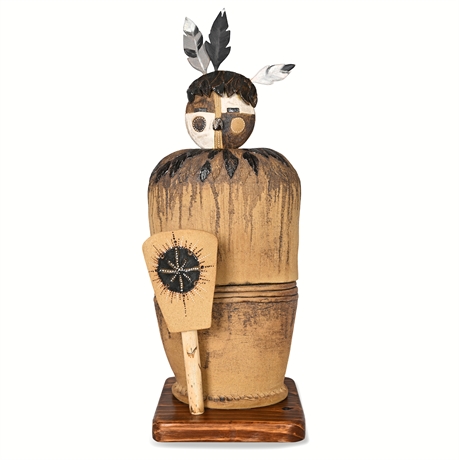 Deming Artist Ceramic Sculpture – Hand Sculpted & Painted with Wood Feathers