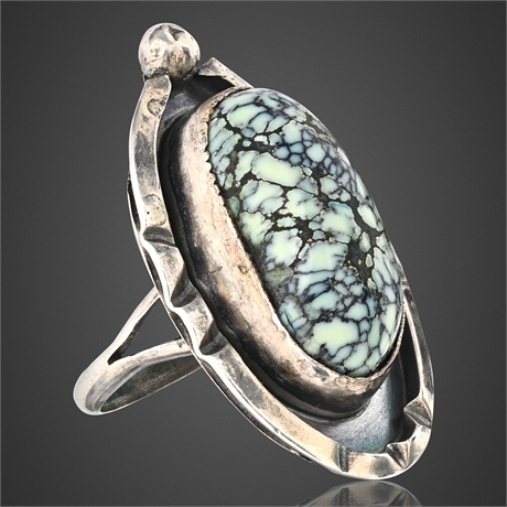 Navajo Sterling Silver Shadow Box Ring w/ Spiderweb Turquoise, Size 6.5