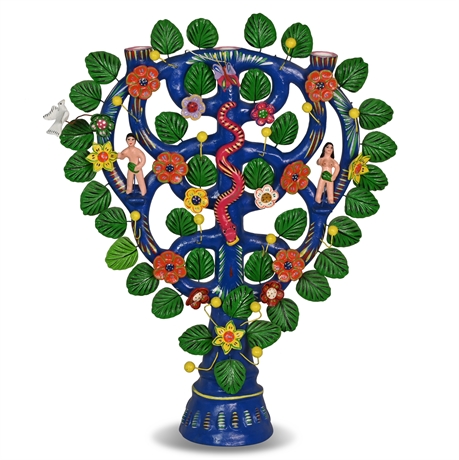 Mexican Folk Art Adam & Eve Tree of Life Ceramic Candelabra