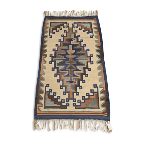 Hand-Woven Wool Kilim Rug, Stepped Diamond Medallion in Indigo & Terracotta