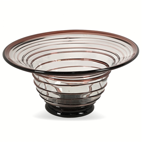 Large Heavy Threaded Art Glass Bowl — Hand-Blown Clear & Purple, 14.25"