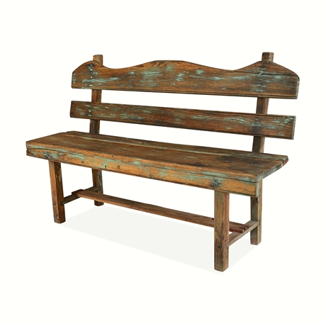 Folk Art Painted Pine Hall Bench — Worn Turquoise & Blue Paint