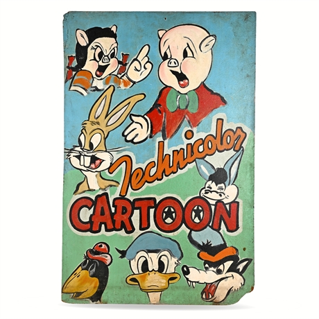 Vintage Technicolor Cartoon Theater Sign Double-Sided 1940s