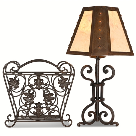 Vintage Wrought Iron Lamp & Magazine Rack Set – Farmhouse Rustic Style