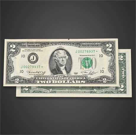 1976 $2 Federal Reserve Star Note – Kansas City “J” District – Thomas Jefferson