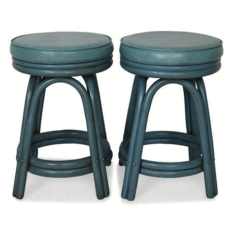 Pair Blue Rattan Barrel Stools — Ficks Reed Style, 24"H