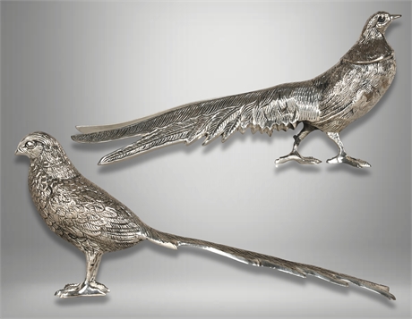 Vintage Pair Silver Plate Table Pheasants