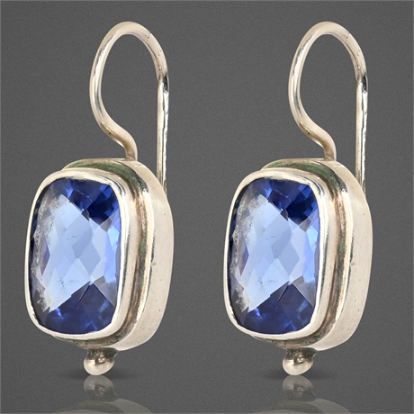 Vintage Sterling Silver & Faceted Blue Stone Dangle Earrings – Marked "Sandia"