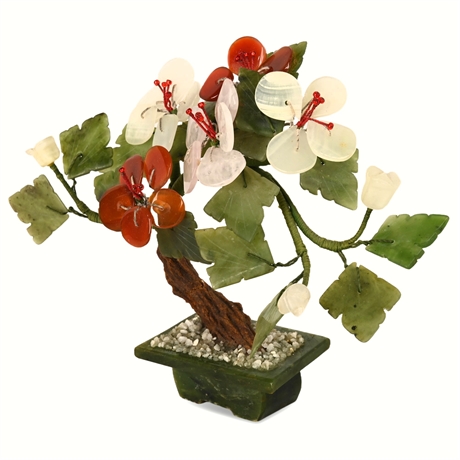 Mini Chinese Bonsai Sculpture — Carnelian & Quartz, Jade Planter