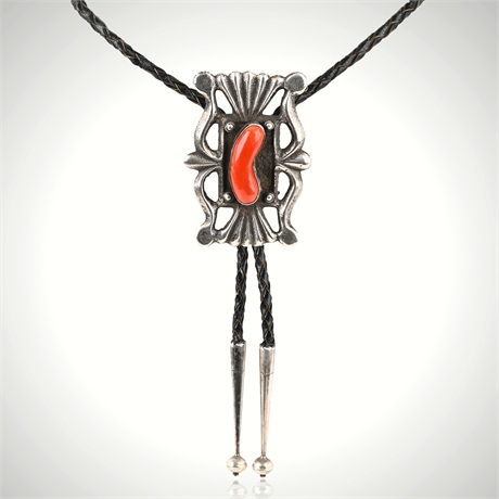 1960s–’70s Navajo Sandcast Sterling & Branch Coral Bolo Tie
