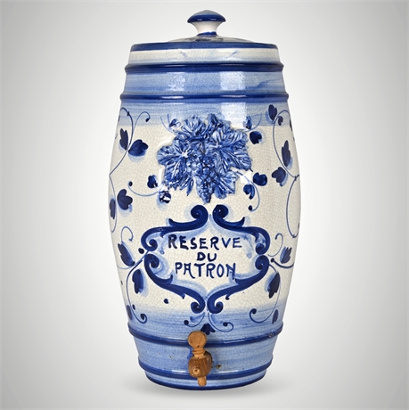 French Hand-Painted Blue & White Ceramic Fontaine à Vin “Réserve du Patron”