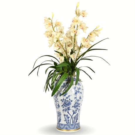 Blue and White Porcelain Vase with Orchid Arrangement