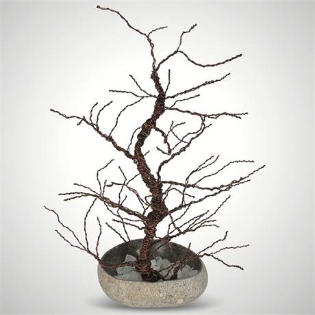 Copper Tone Bonsai-Style Wire Tree Sculpture in Cast Stone Bowl with Sea Glass