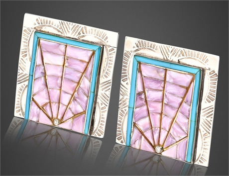 Zuni Sterling Silver Spiderweb Inlay Earrings with Turquoise & Spiny Oyster
