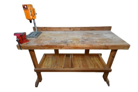 Wood Workbench with Vise and Drill Press
