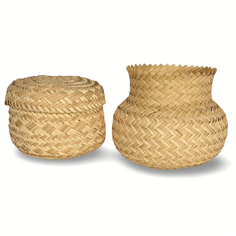 Pair of Tarahumara Handwoven Baskets – Lidded and Urn Style