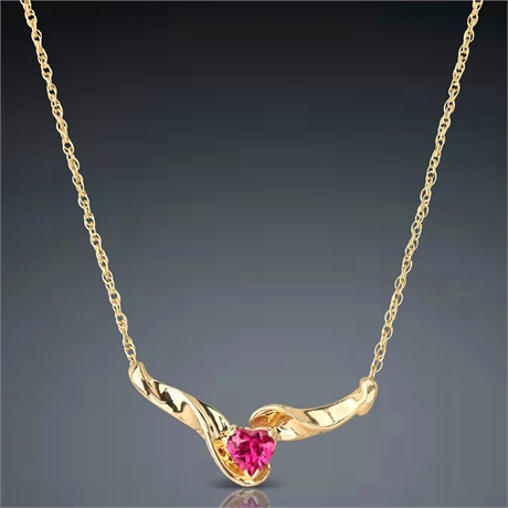 10K Solid Simulated Ruby Pendant Necklace – Signed GTR