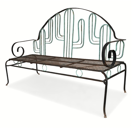 Vintage Wrought Iron Cactus Bench — Desert Garden Patio