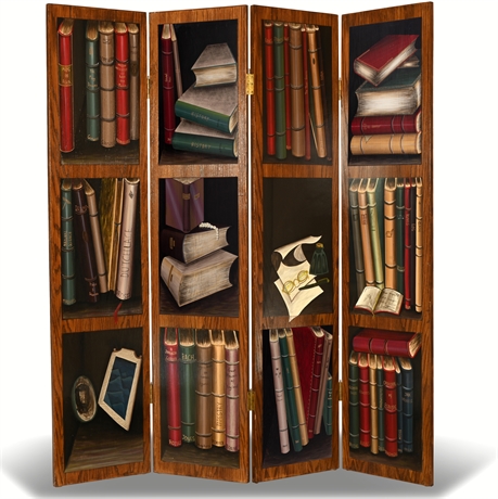 Trompe L'Oeil Painted Books 4 Panel Screen Room Divider After Maitland Smith