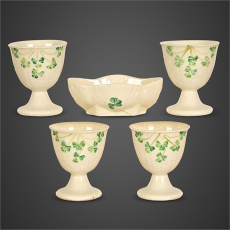 Belleek Irish Parian Porcelain Shamrock 5-Pc Lot — 4 Egg Cups & Trinket Dish, Go