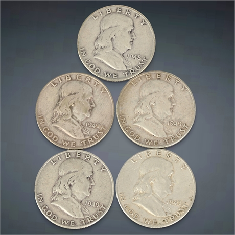 (5) 1948 & 1949 Franklin Silver Half Dollars