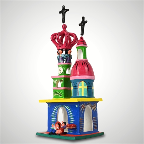 Ortega Barro Betus Church Sculpture – Hand-Painted Clay, 17.25"