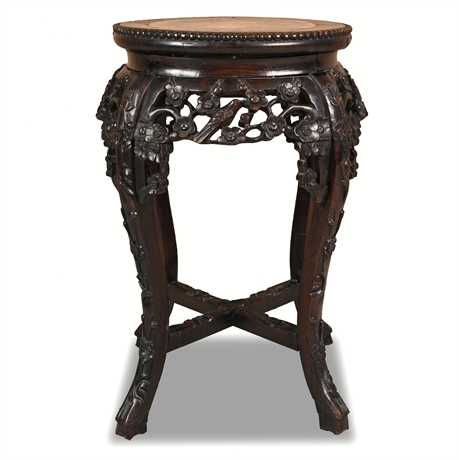 Chinese Carved Hardwood Plant Stand, Marble Top — Prunus & Bird