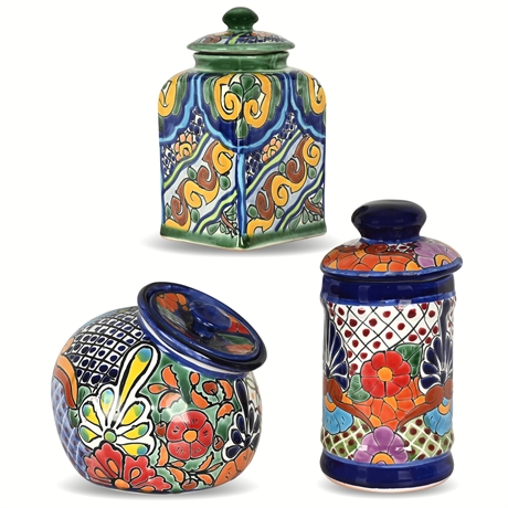 Set of (3) Hand-Painted Talavera Canisters, Signed, Mexico